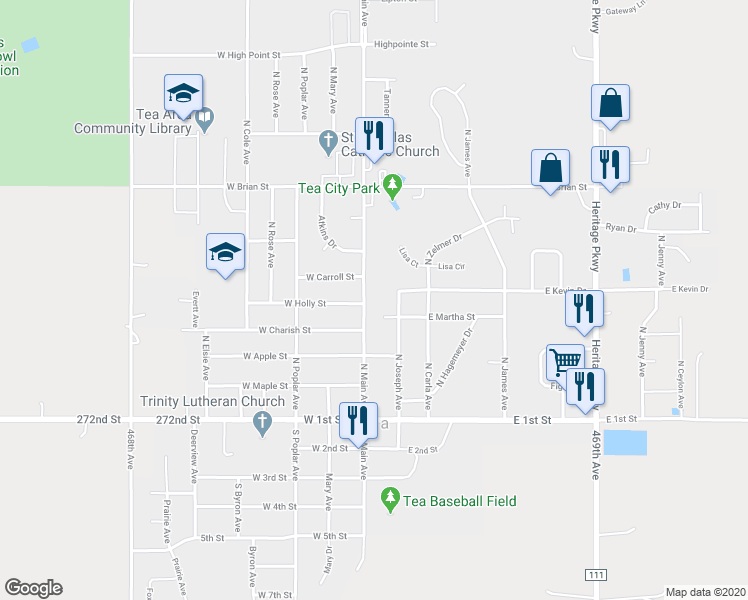 map of restaurants, bars, coffee shops, grocery stores, and more near 360 North Main Avenue in Tea