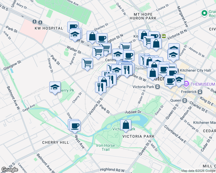 map of restaurants, bars, coffee shops, grocery stores, and more near 114 Waterloo Regional Road 55 in Kitchener