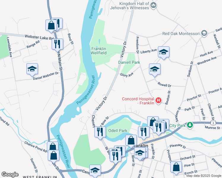 map of restaurants, bars, coffee shops, grocery stores, and more near 261 Victory Drive in Franklin