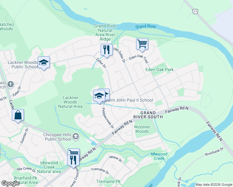 map of restaurants, bars, coffee shops, grocery stores, and more near 143 Pebblecreek Drive in Kitchener