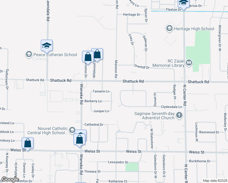 map of restaurants, bars, coffee shops, grocery stores, and more near 5550 Tamarix Lane in Saginaw