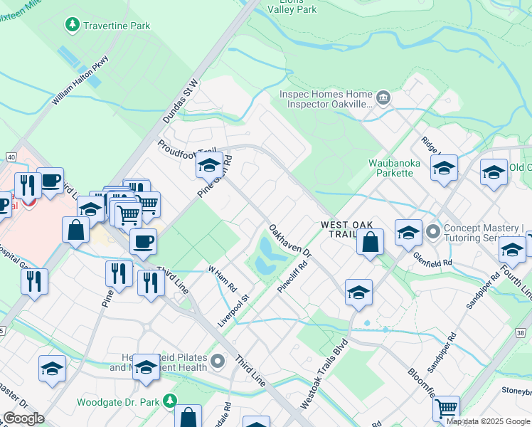 map of restaurants, bars, coffee shops, grocery stores, and more near 1226 Sagewood Crescent in Oakville