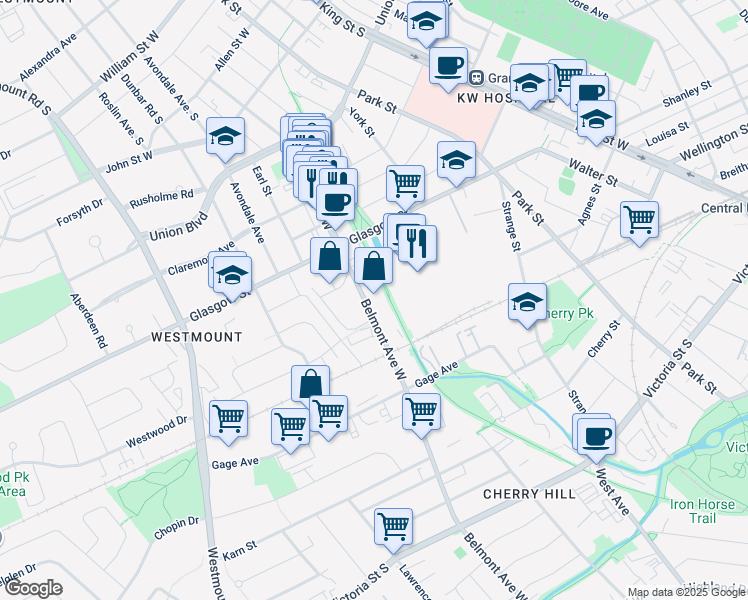 map of restaurants, bars, coffee shops, grocery stores, and more near in Kitchener