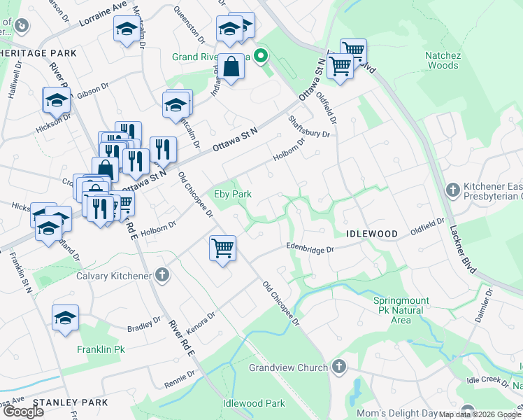 map of restaurants, bars, coffee shops, grocery stores, and more near 49 Chartwell Court in Kitchener