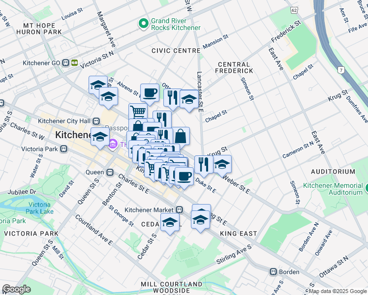 map of restaurants, bars, coffee shops, grocery stores, and more near in Kitchener