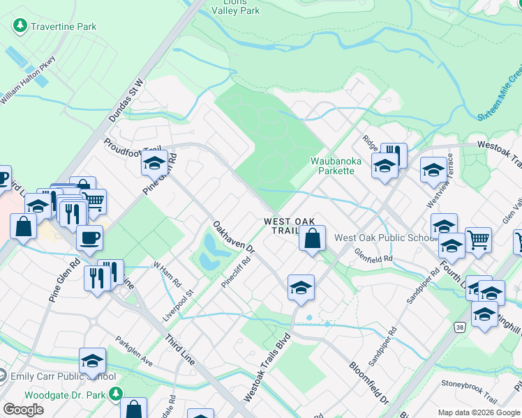 map of restaurants, bars, coffee shops, grocery stores, and more near 2318 Proudfoot Trail in Oakville