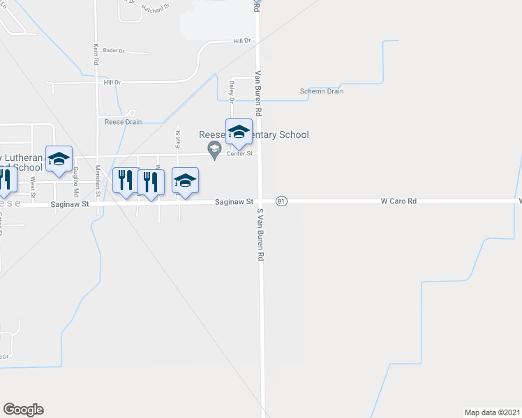 map of restaurants, bars, coffee shops, grocery stores, and more near 2001 South Van Buren Road in Reese