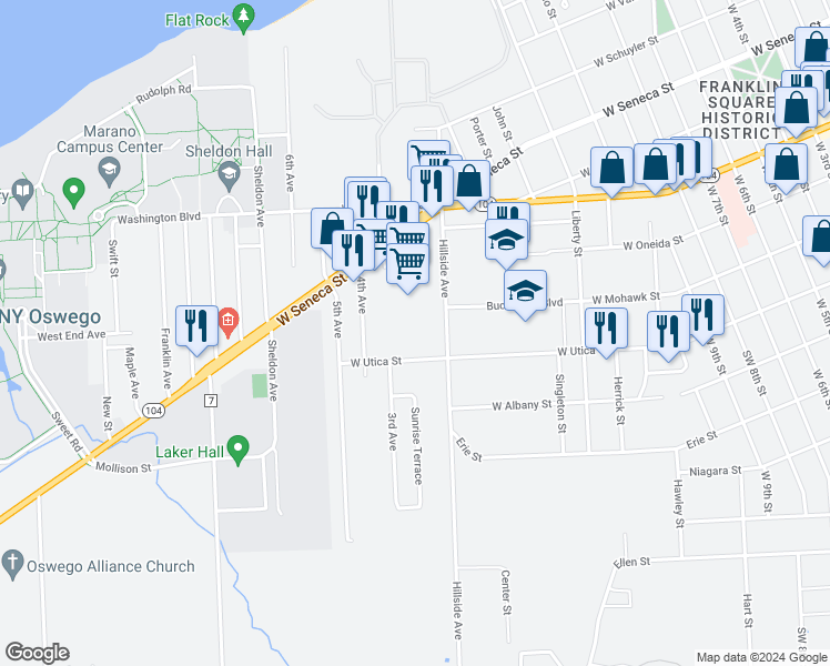 map of restaurants, bars, coffee shops, grocery stores, and more near 247 West Utica Street in Oswego