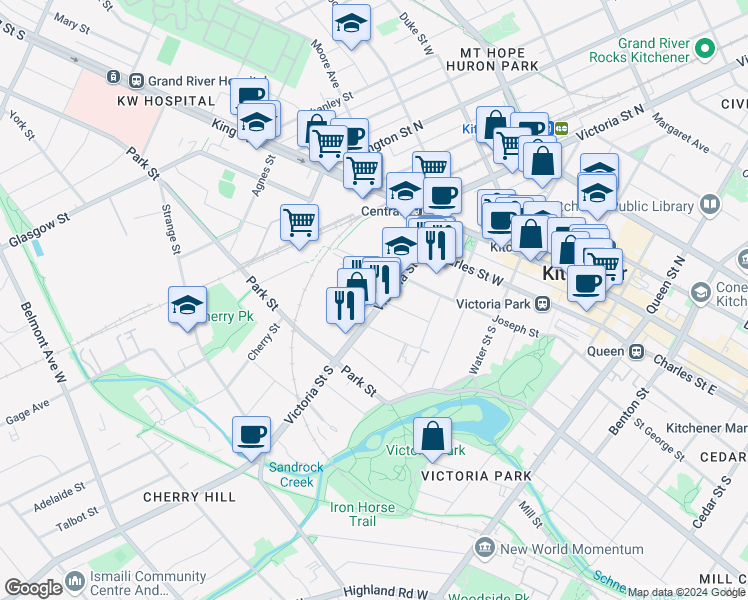 map of restaurants, bars, coffee shops, grocery stores, and more near 114 Waterloo Regional Road 55 in Kitchener