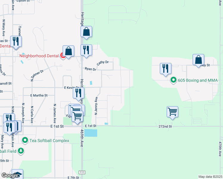 map of restaurants, bars, coffee shops, grocery stores, and more near 945 East Kevin Drive in Tea