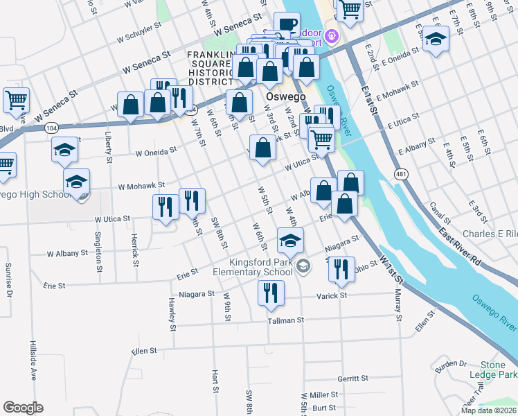 map of restaurants, bars, coffee shops, grocery stores, and more near 197 West 6th Street in Oswego