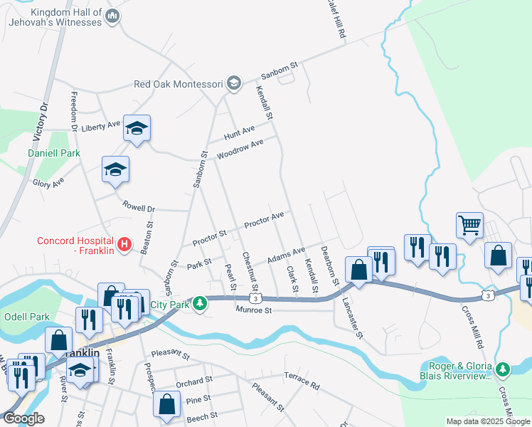map of restaurants, bars, coffee shops, grocery stores, and more near 84 Clark Street in Franklin