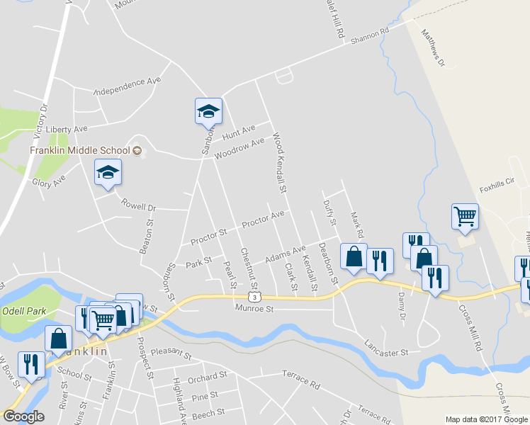 map of restaurants, bars, coffee shops, grocery stores, and more near 84 Clark Street in Franklin