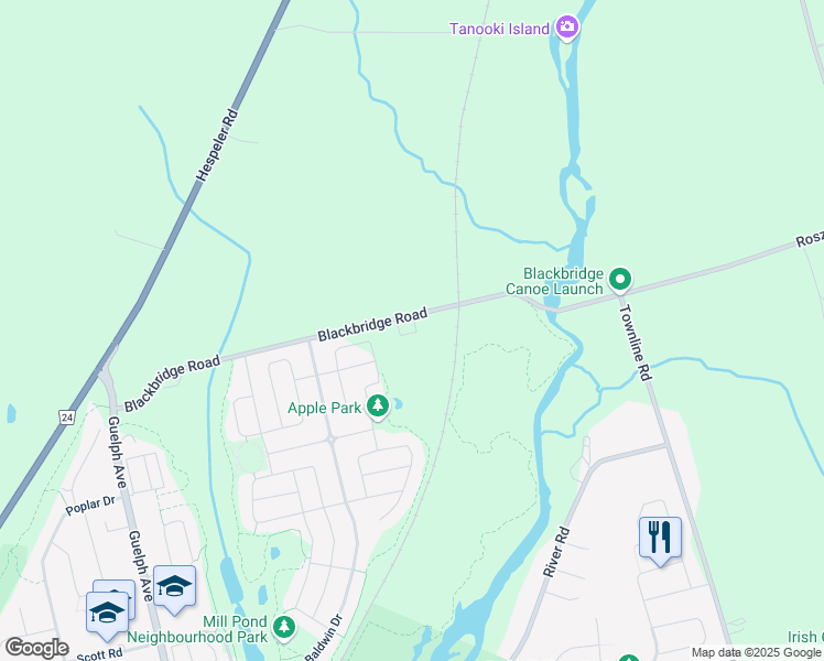 map of restaurants, bars, coffee shops, grocery stores, and more near 625 Blackbridge Road in Breslau