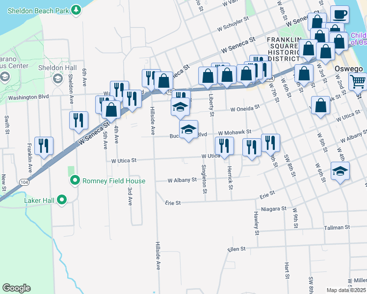 map of restaurants, bars, coffee shops, grocery stores, and more near 2 Buccaneer Boulevard in Oswego