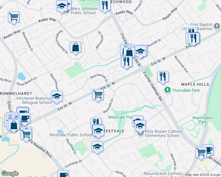 map of restaurants, bars, coffee shops, grocery stores, and more near 16 Gateview Drive in Waterloo