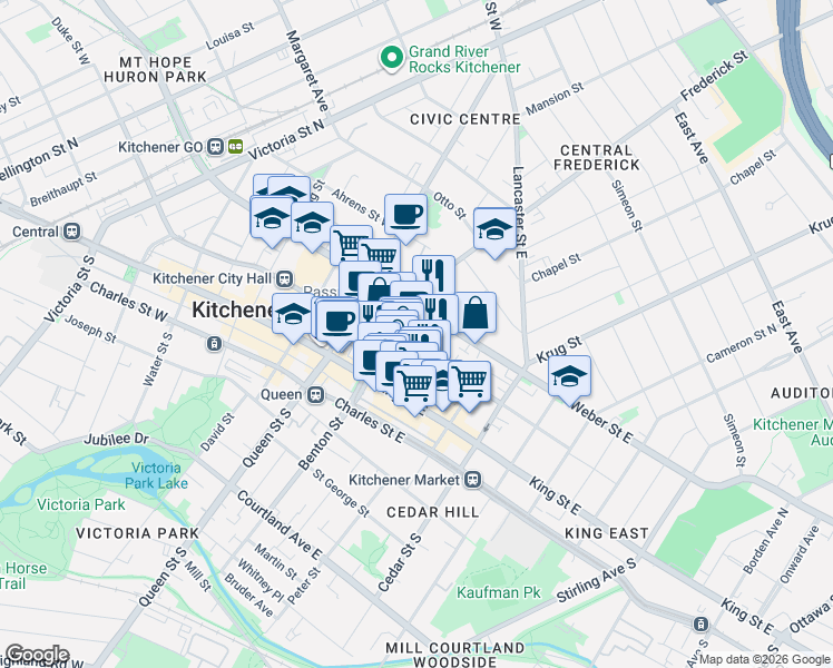 map of restaurants, bars, coffee shops, grocery stores, and more near 85 Frederick Street in Kitchener