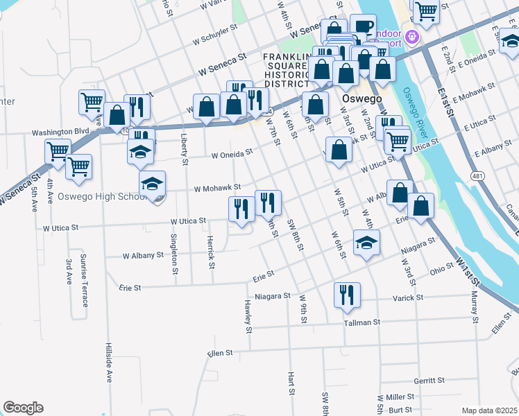map of restaurants, bars, coffee shops, grocery stores, and more near 40 West 9th Street in Oswego