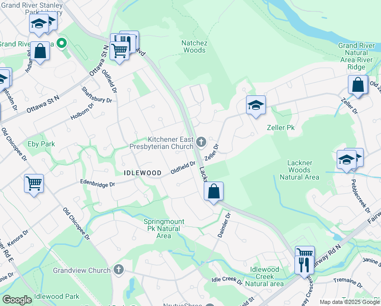 map of restaurants, bars, coffee shops, grocery stores, and more near 10 Zeller Drive in Kitchener