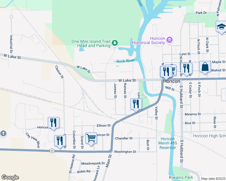map of restaurants, bars, coffee shops, grocery stores, and more near 120 Juneau Street in Horicon