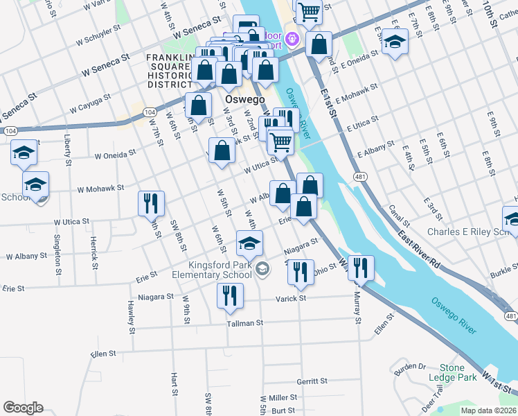 map of restaurants, bars, coffee shops, grocery stores, and more near 226 W 3rd St in Oswego