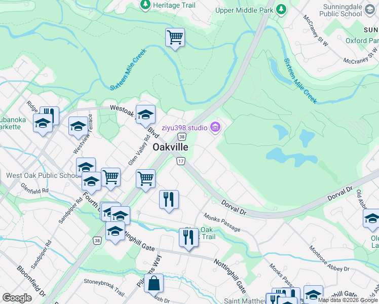 map of restaurants, bars, coffee shops, grocery stores, and more near 1494 The Links Drive in Oakville