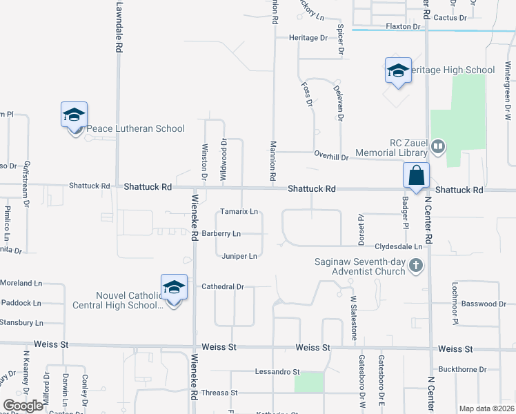 map of restaurants, bars, coffee shops, grocery stores, and more near 5550 Tamarix Lane in Saginaw