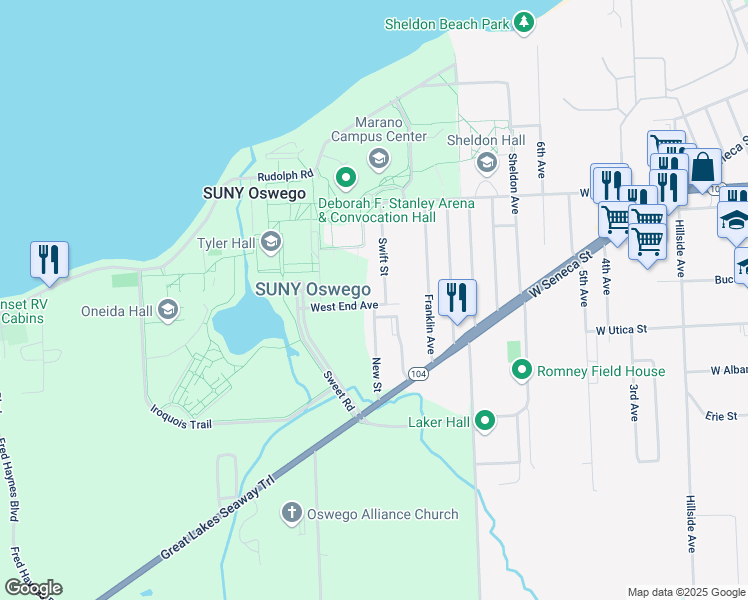 map of restaurants, bars, coffee shops, grocery stores, and more near 29 West End Avenue in Oswego
