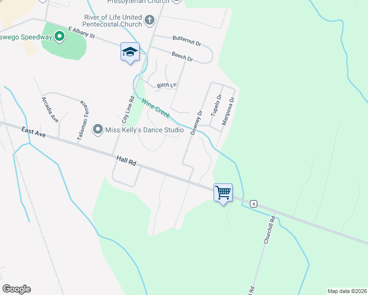 map of restaurants, bars, coffee shops, grocery stores, and more near 43-43 Downey Drive in Oswego