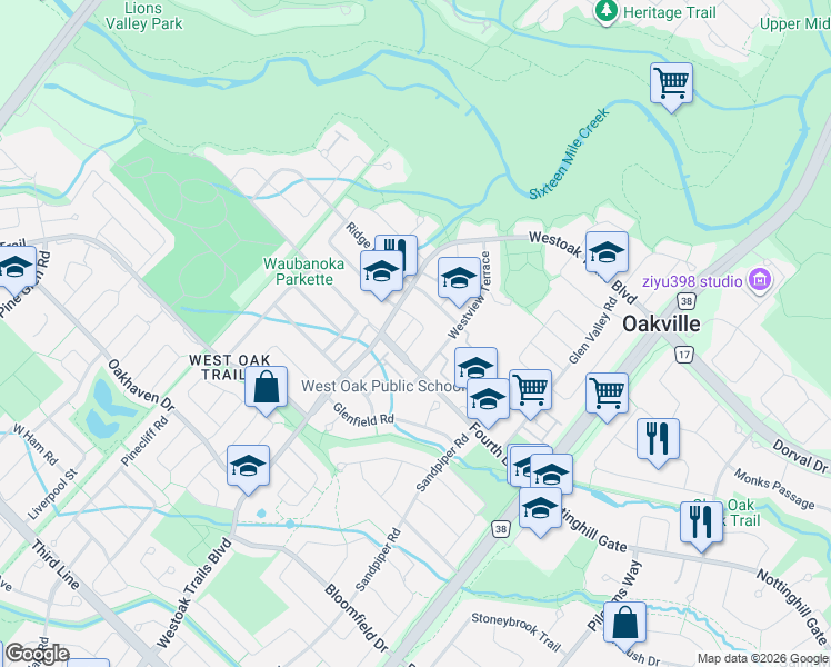 map of restaurants, bars, coffee shops, grocery stores, and more near 2148 Forest Gate Park in Oakville