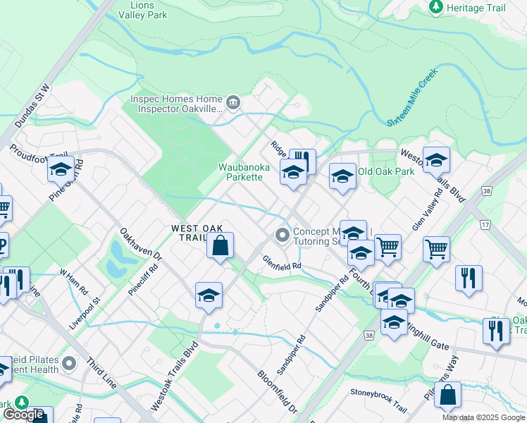 map of restaurants, bars, coffee shops, grocery stores, and more near 1237 Bingham Road in Oakville