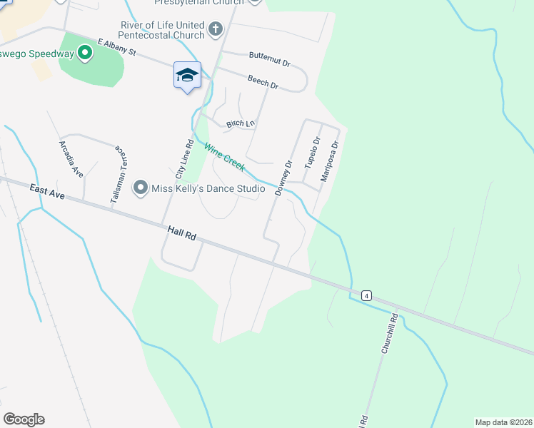 map of restaurants, bars, coffee shops, grocery stores, and more near 43-43 Downey Drive in Oswego