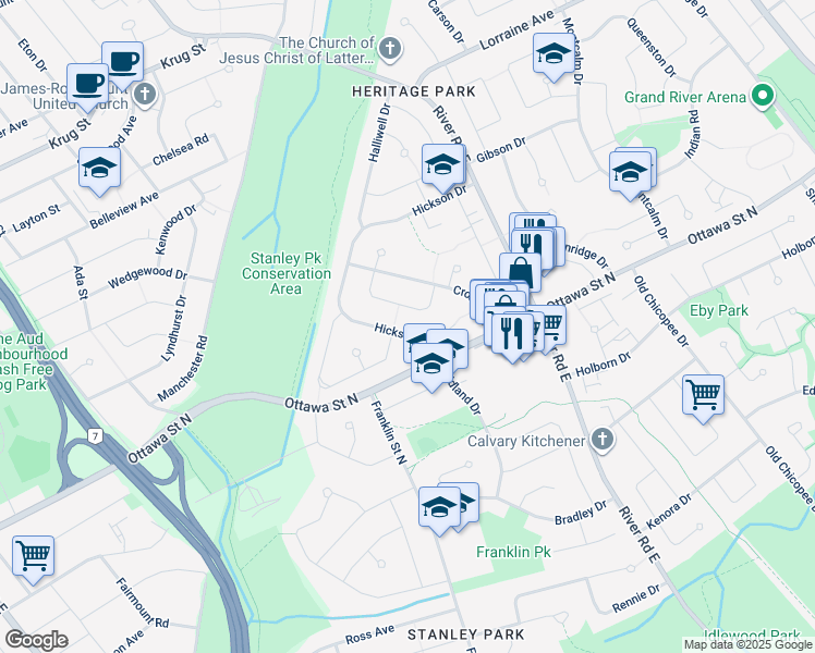 map of restaurants, bars, coffee shops, grocery stores, and more near 31 Hickson Drive in Kitchener