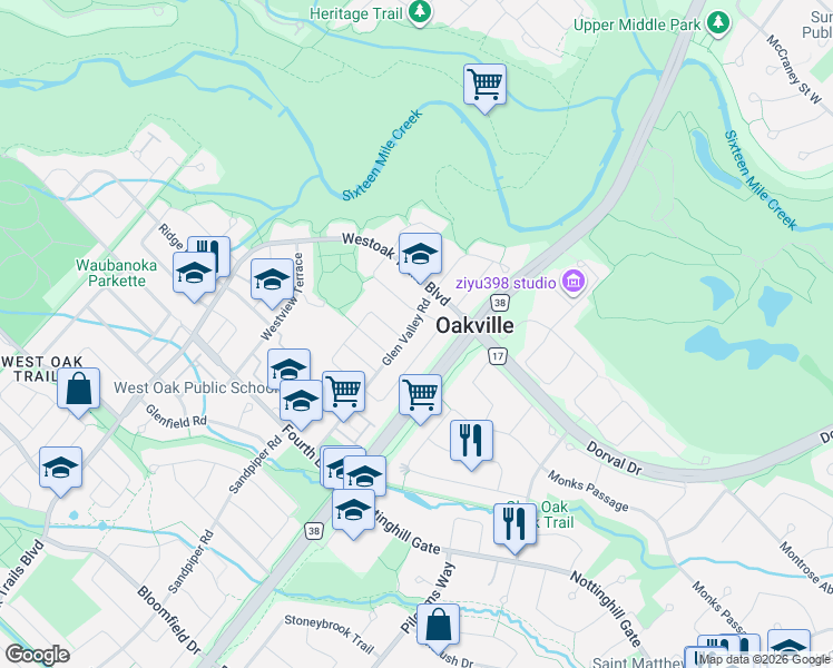 map of restaurants, bars, coffee shops, grocery stores, and more near 1118 Glen Valley Road in Oakville