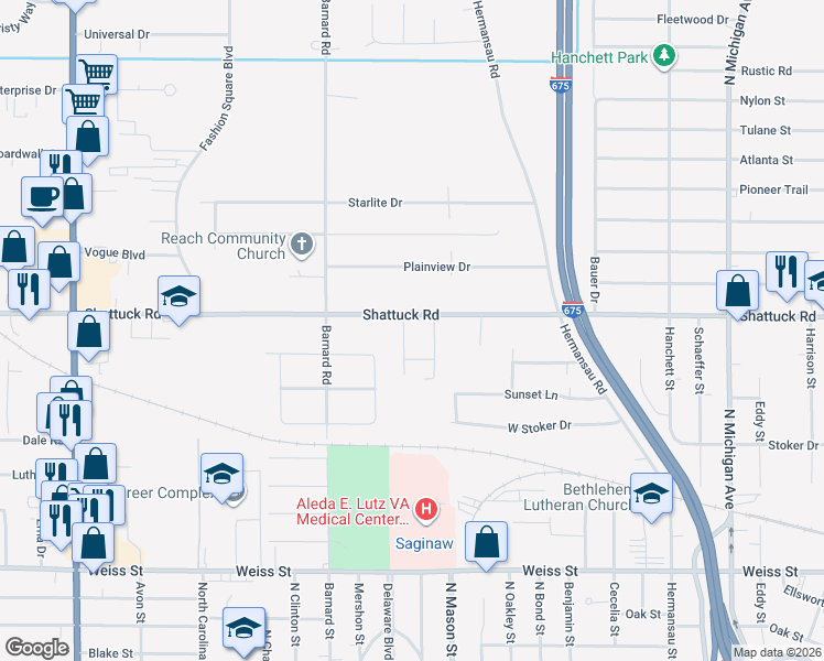map of restaurants, bars, coffee shops, grocery stores, and more near 2972 Johns Drive in Saginaw