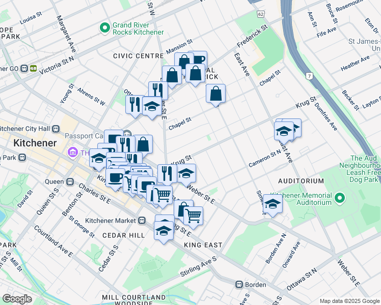 map of restaurants, bars, coffee shops, grocery stores, and more near 44 Krug Street in Kitchener