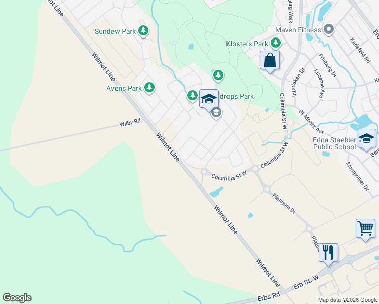 map of restaurants, bars, coffee shops, grocery stores, and more near 270 Sweet Gale Street in Waterloo