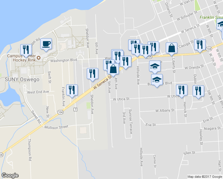 map of restaurants, bars, coffee shops, grocery stores, and more near 121 5th Avenue in Oswego