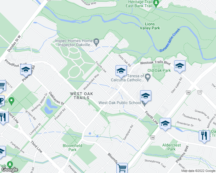 map of restaurants, bars, coffee shops, grocery stores, and more near 1237 Bingham Road in Oakville
