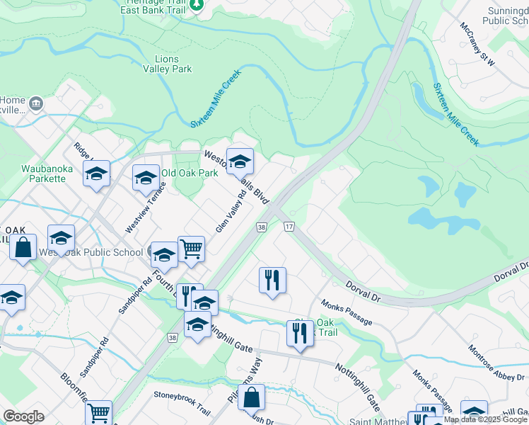 map of restaurants, bars, coffee shops, grocery stores, and more near in Oakville