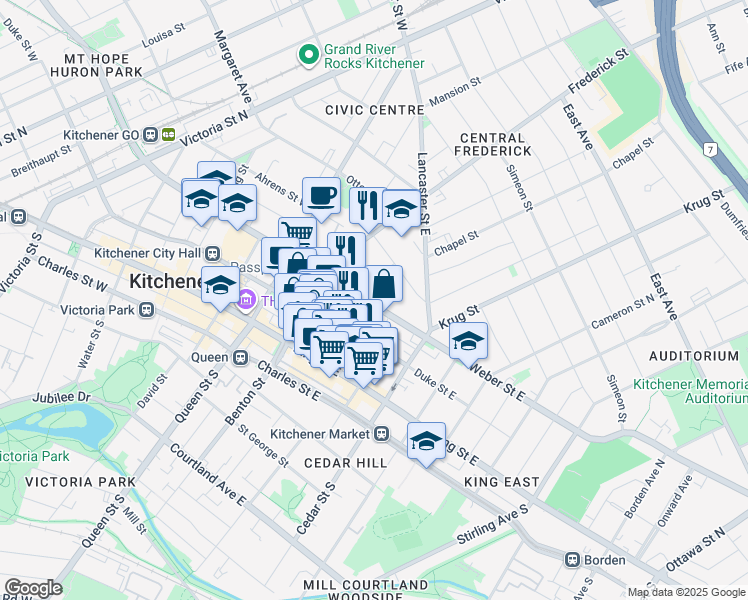 map of restaurants, bars, coffee shops, grocery stores, and more near 66 Weber Street East in Kitchener