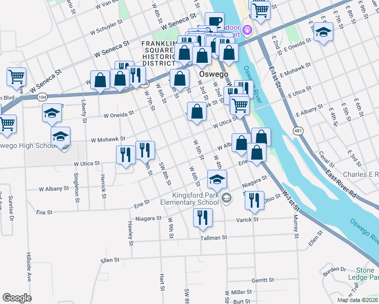 map of restaurants, bars, coffee shops, grocery stores, and more near 197 W 6th St in Oswego