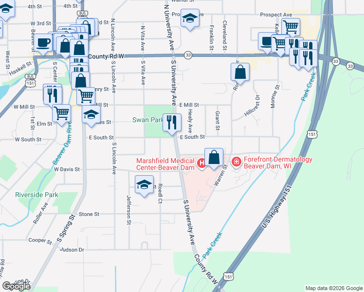 map of restaurants, bars, coffee shops, grocery stores, and more near 507 South University Avenue in Beaver Dam