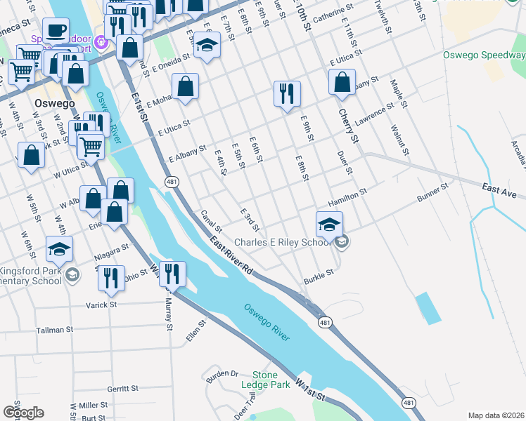 map of restaurants, bars, coffee shops, grocery stores, and more near 231 East 5th Street in Oswego