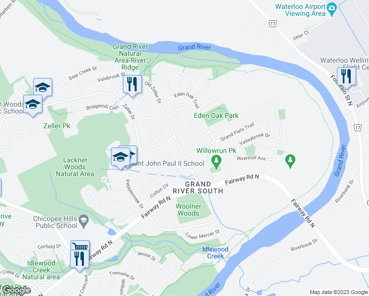 map of restaurants, bars, coffee shops, grocery stores, and more near 1484 Old Zeller Drive in Kitchener