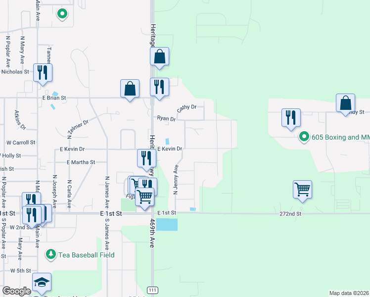 map of restaurants, bars, coffee shops, grocery stores, and more near 939 Kevin Dr in Tea