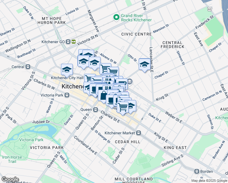 map of restaurants, bars, coffee shops, grocery stores, and more near 32 Duke Street East in Kitchener