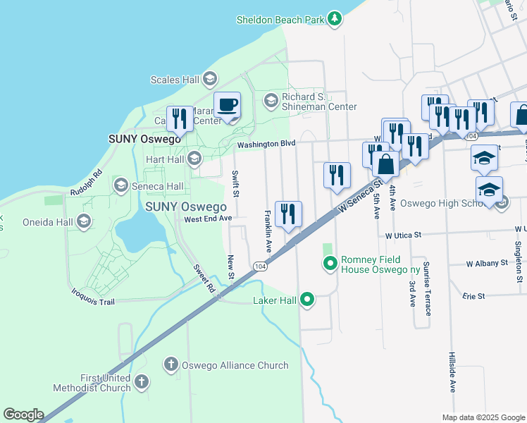 map of restaurants, bars, coffee shops, grocery stores, and more near 39 Franklin Avenue in Oswego