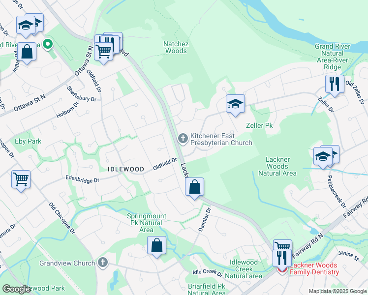 map of restaurants, bars, coffee shops, grocery stores, and more near 10 Zeller Drive in Kitchener