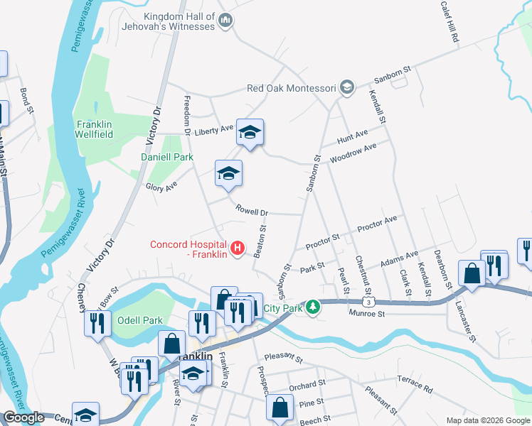 map of restaurants, bars, coffee shops, grocery stores, and more near 20 Rowell Drive in Franklin